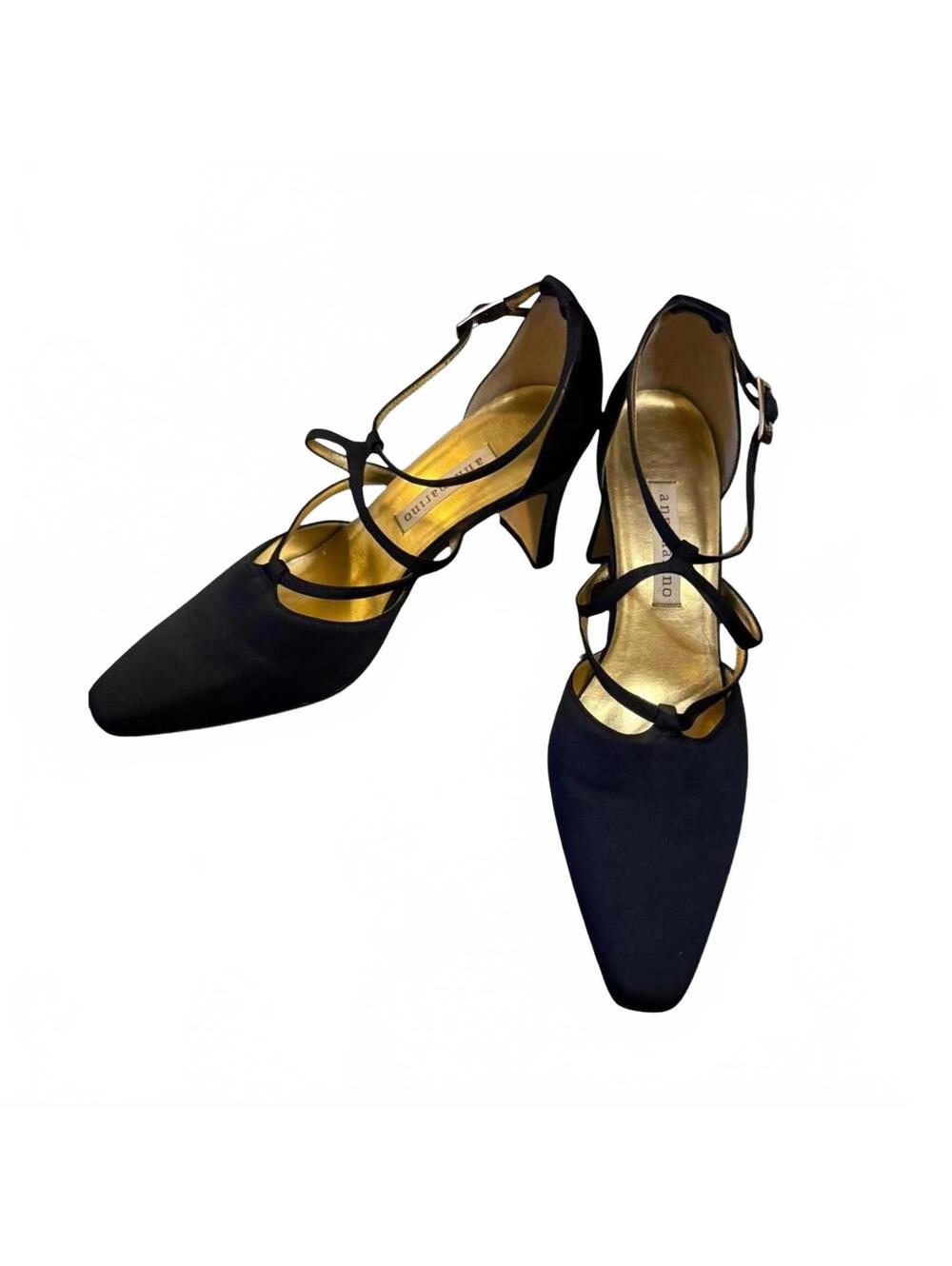 Ann Marino Black Satin T-Strap Heels